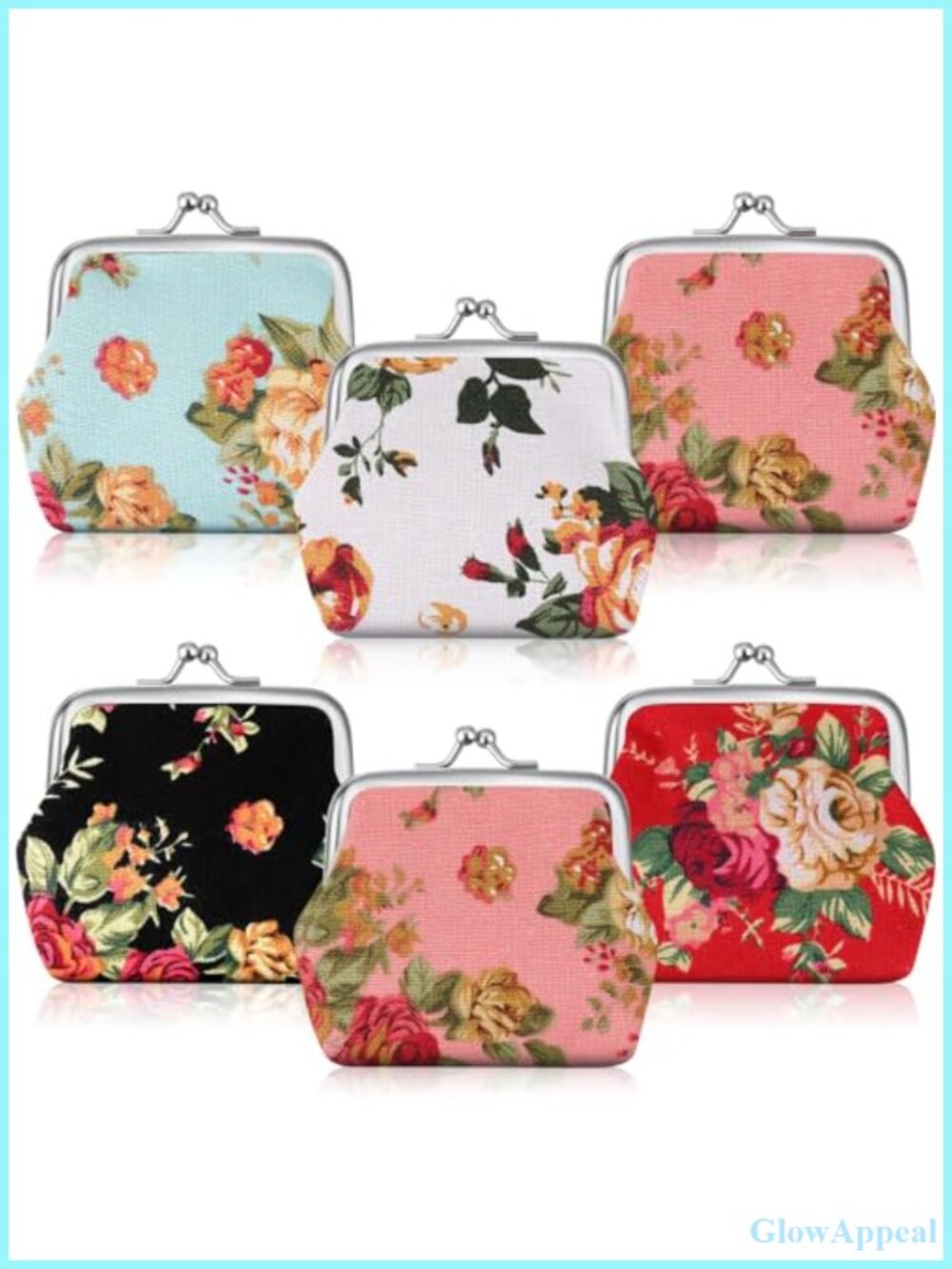 6 Pack Floral Canvas Coin Purses Kiss Lock Change Wallets Small Compact